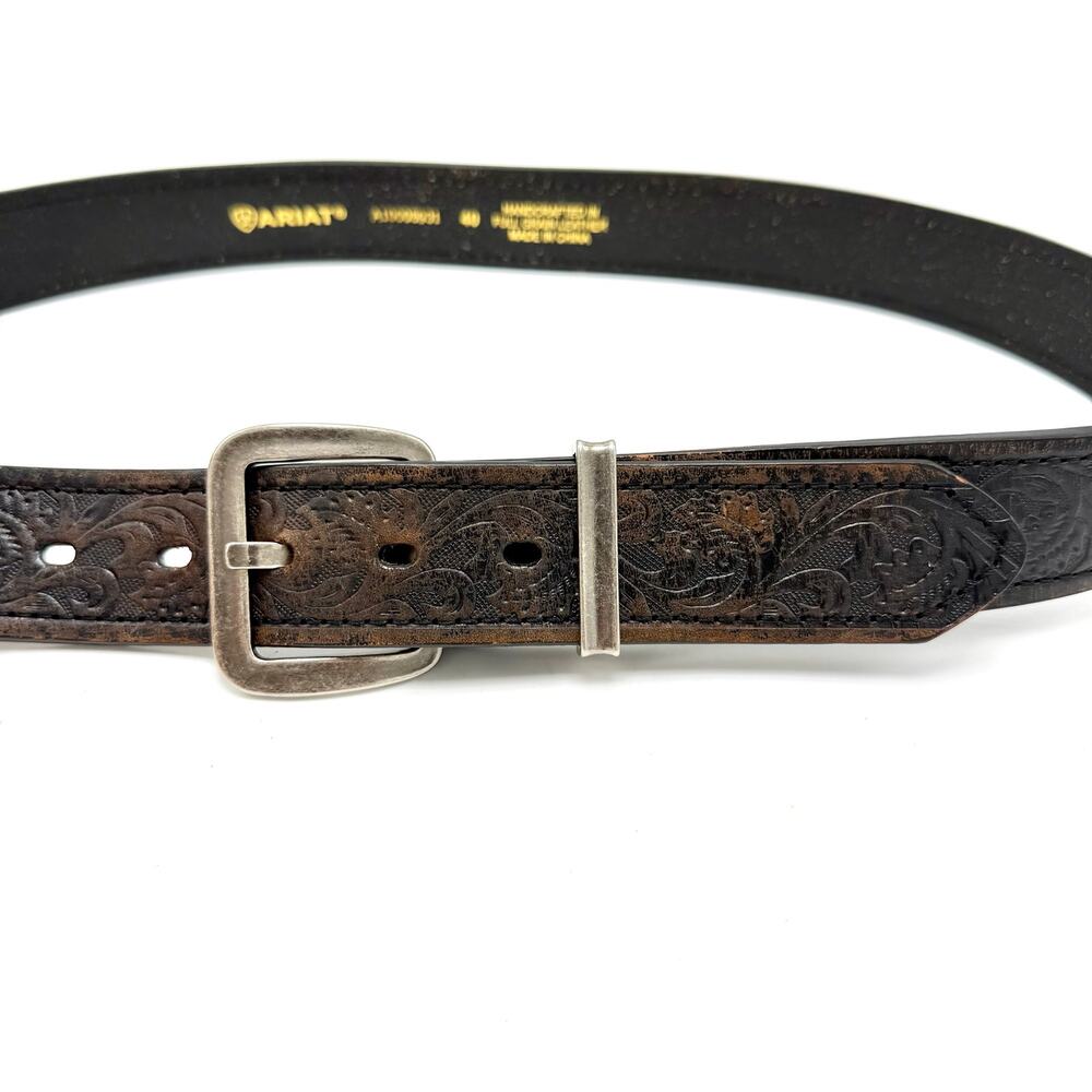 Ariat Floral Tooled Black Leather Western Belt 40 Distressed Cowboy Handcrafted